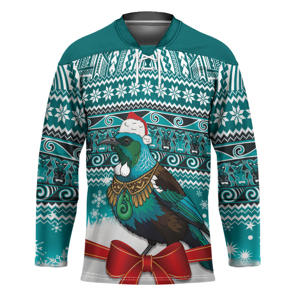 New Zealand Tui Bird Christmas Hockey Jersey Maori Inspired Knitted Patterns LT9 Unisex Turquoise - Polynesian Pride
