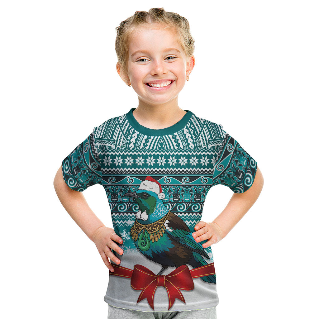 New Zealand Tui Bird Christmas Kid T Shirt Maori Inspired Knitted Patterns LT9 Turquoise - Polynesian Pride