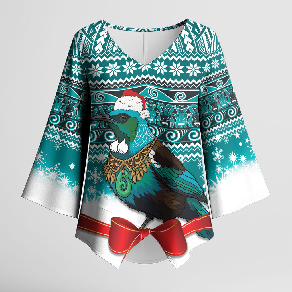 New Zealand Tui Bird Christmas Kimono Sleeve Blouse Maori Inspired Knitted Patterns LT9 Female Turquoise - Polynesian Pride