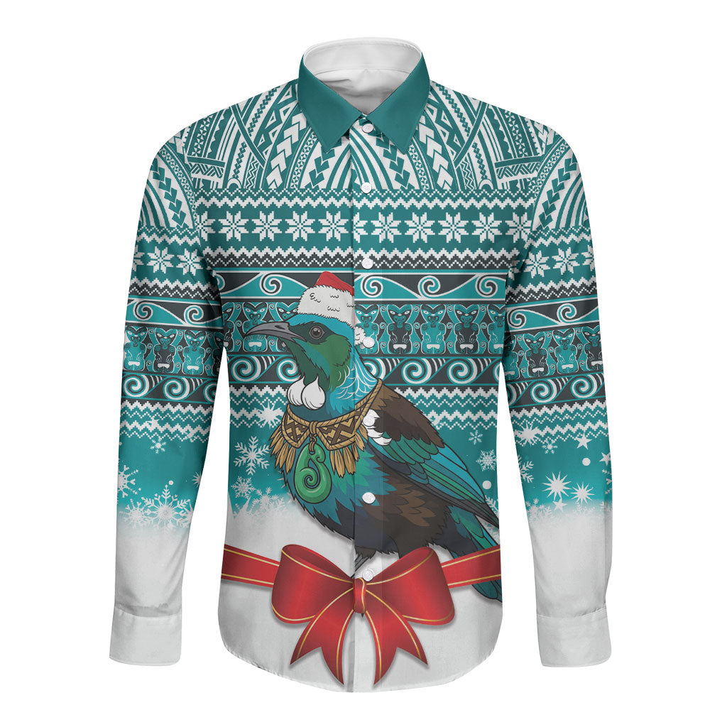 New Zealand Tui Bird Christmas Long Sleeve Button Shirt Maori Inspired Knitted Patterns