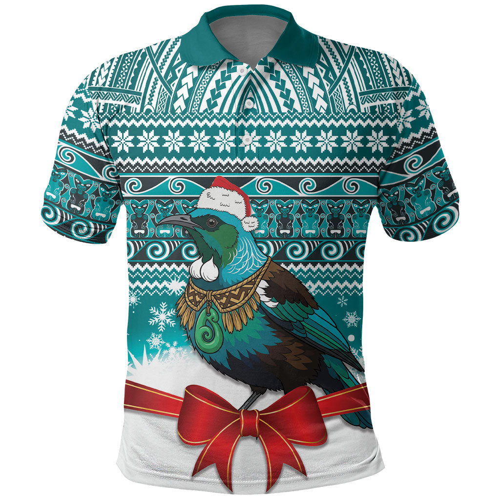 New Zealand Tui Bird Christmas Polo Shirt Maori Inspired Knitted Patterns LT9 Turquoise - Polynesian Pride