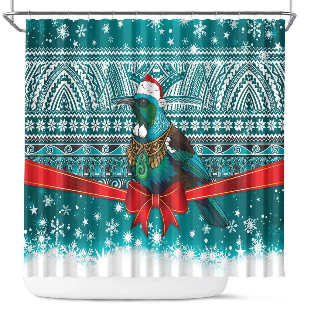 New Zealand Tui Bird Christmas Shower Curtain Maori Inspired Knitted Patterns LT9 Turquoise - Polynesian Pride
