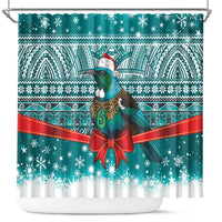 New Zealand Tui Bird Christmas Shower Curtain Maori Inspired Knitted Patterns LT9 Turquoise - Polynesian Pride