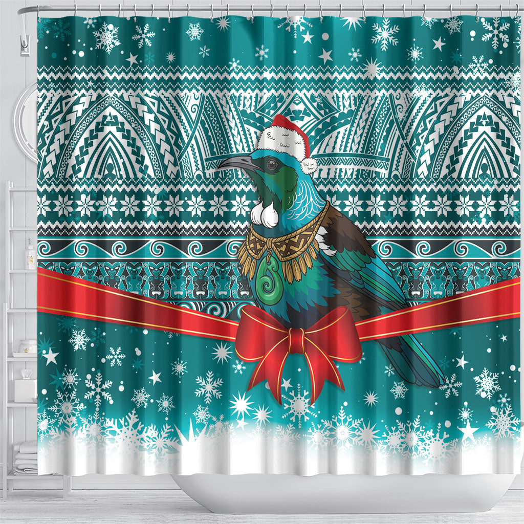 New Zealand Tui Bird Christmas Shower Curtain Maori Inspired Knitted Patterns LT9 - Polynesian Pride