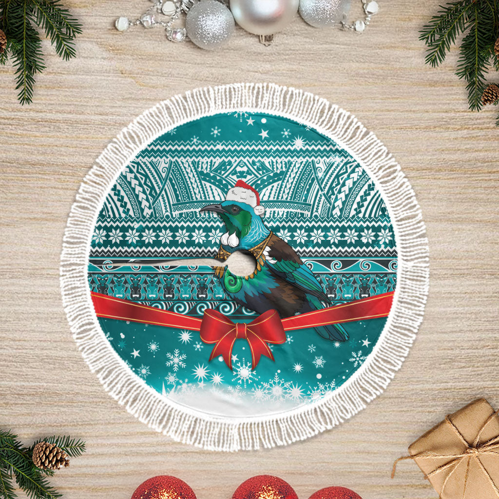 New Zealand Tui Bird Christmas Tree Skirt Maori Inspired Knitted Patterns LT9 Fringed Turquoise - Polynesian Pride