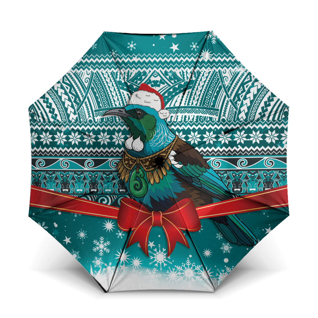 New Zealand Tui Bird Christmas Umbrella Maori Inspired Knitted Patterns LT9 One Size Folded 11.42 inch Opened Diameter 37.4 inch Turquoise - Polynesian Pride