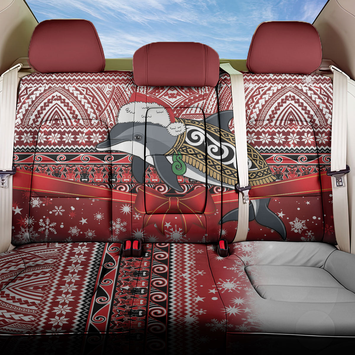 New Zealand Dolphin Terehu Christmas Back Car Seat Cover Maori Inspired Knitted Patterns LT9 One Size Red - Polynesian Pride