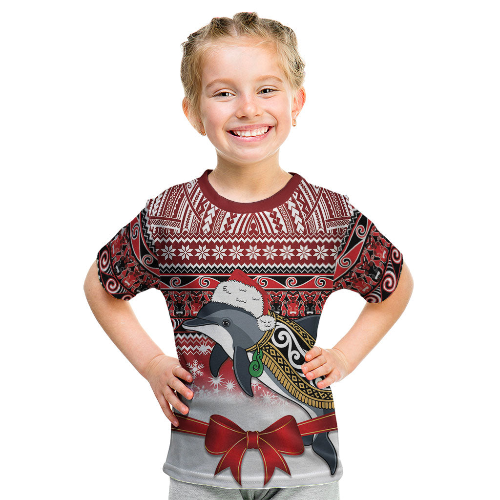 New Zealand Dolphin Terehu Christmas Kid T Shirt Maori Inspired Knitted Patterns LT9 Red - Polynesian Pride