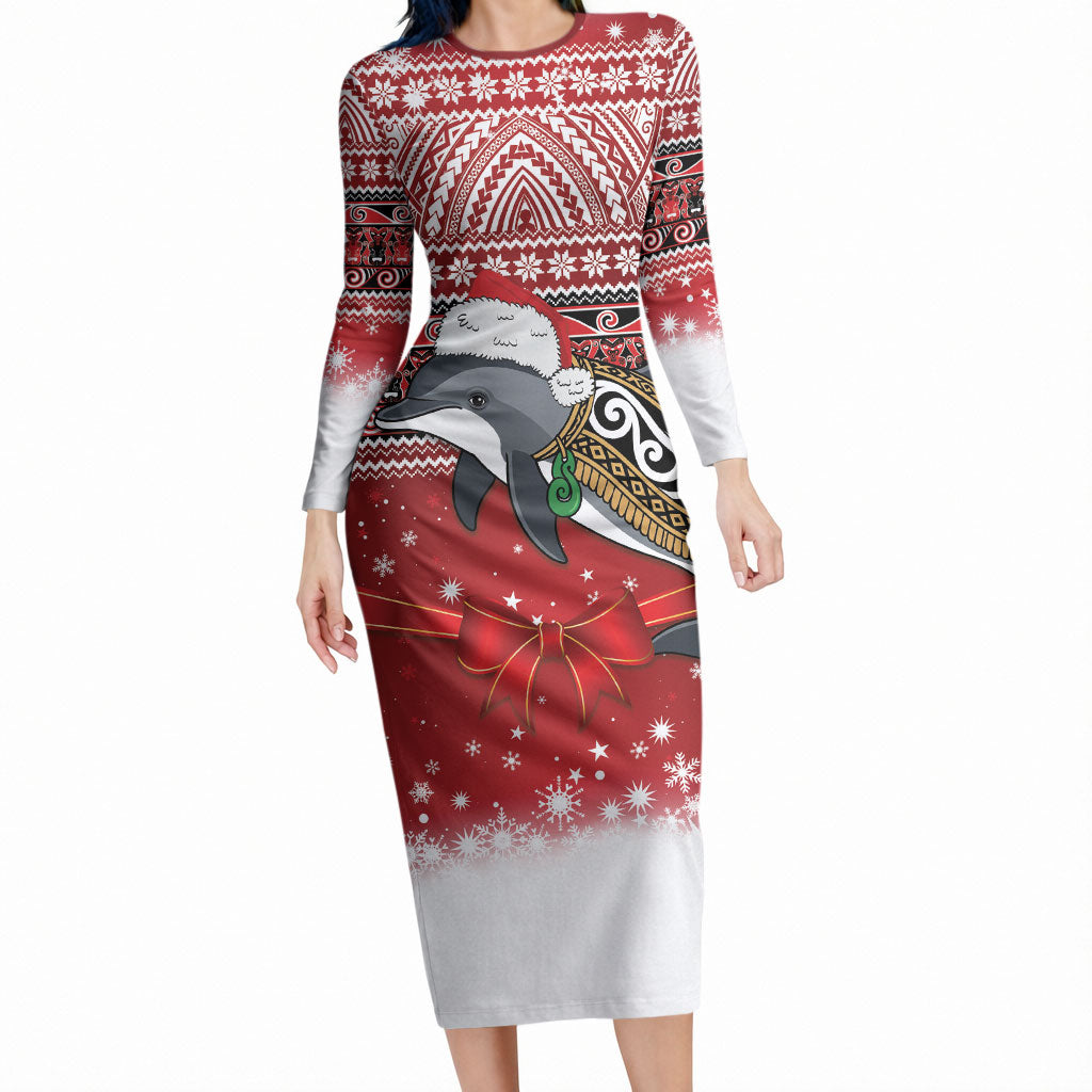 New Zealand Dolphin Terehu Christmas Long Sleeve Bodycon Dress Maori Inspired Knitted Patterns