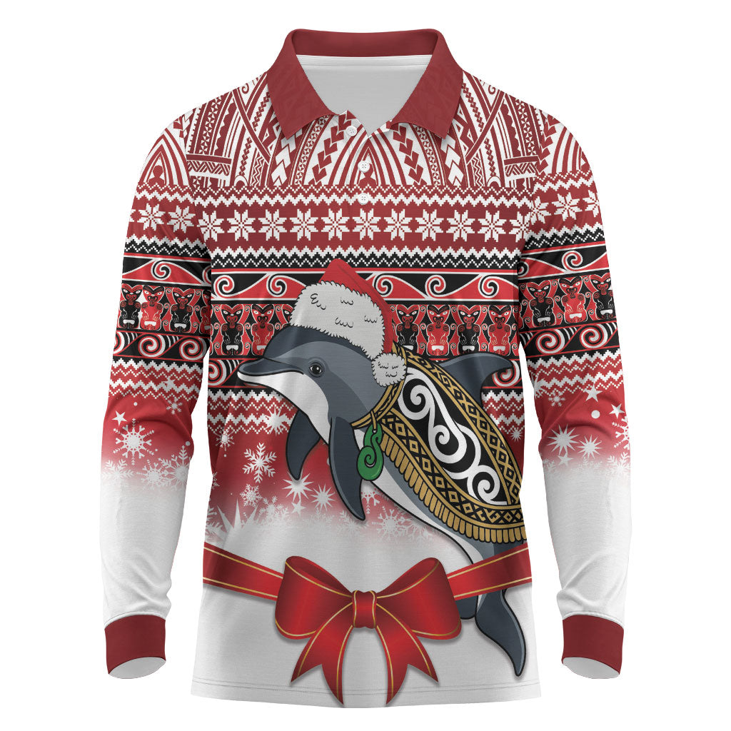 New Zealand Dolphin Terehu Christmas Long Sleeve Polo Shirt Maori Inspired Knitted Patterns LT9 Red - Polynesian Pride