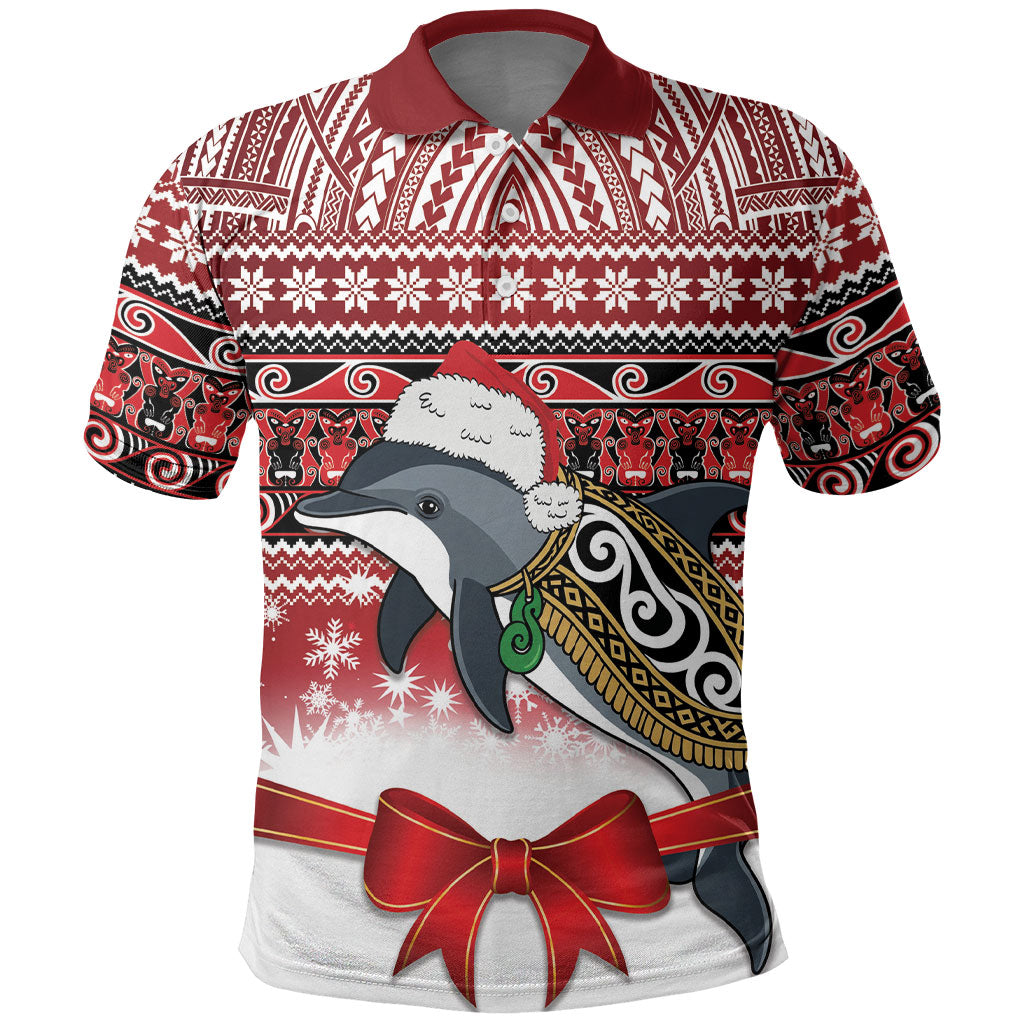 New Zealand Dolphin Terehu Christmas Polo Shirt Maori Inspired Knitted Patterns LT9 Red - Polynesian Pride