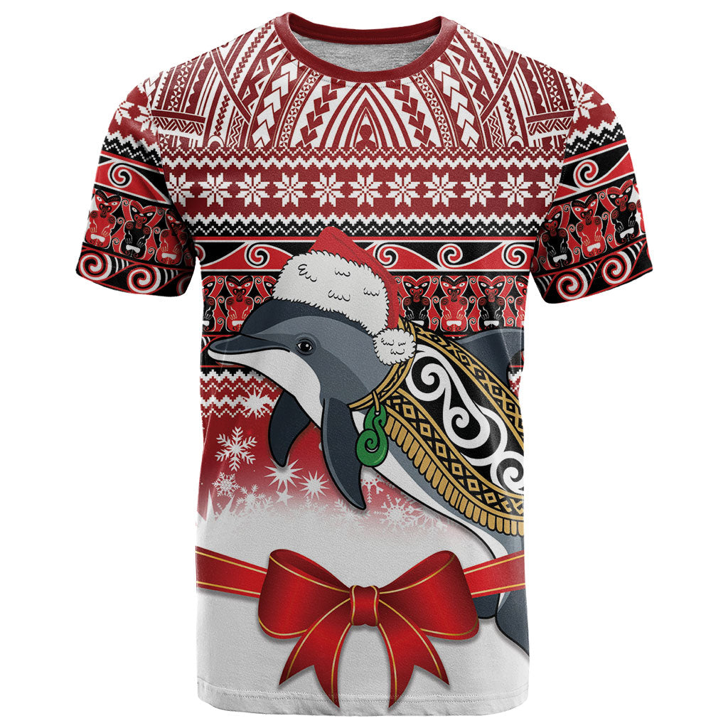 New Zealand Dolphin Terehu Christmas T Shirt Maori Inspired Knitted Patterns LT9 Red - Polynesian Pride