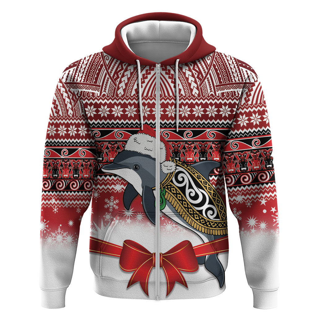 New Zealand Dolphin Terehu Christmas Zip Hoodie Maori Inspired Knitted Patterns