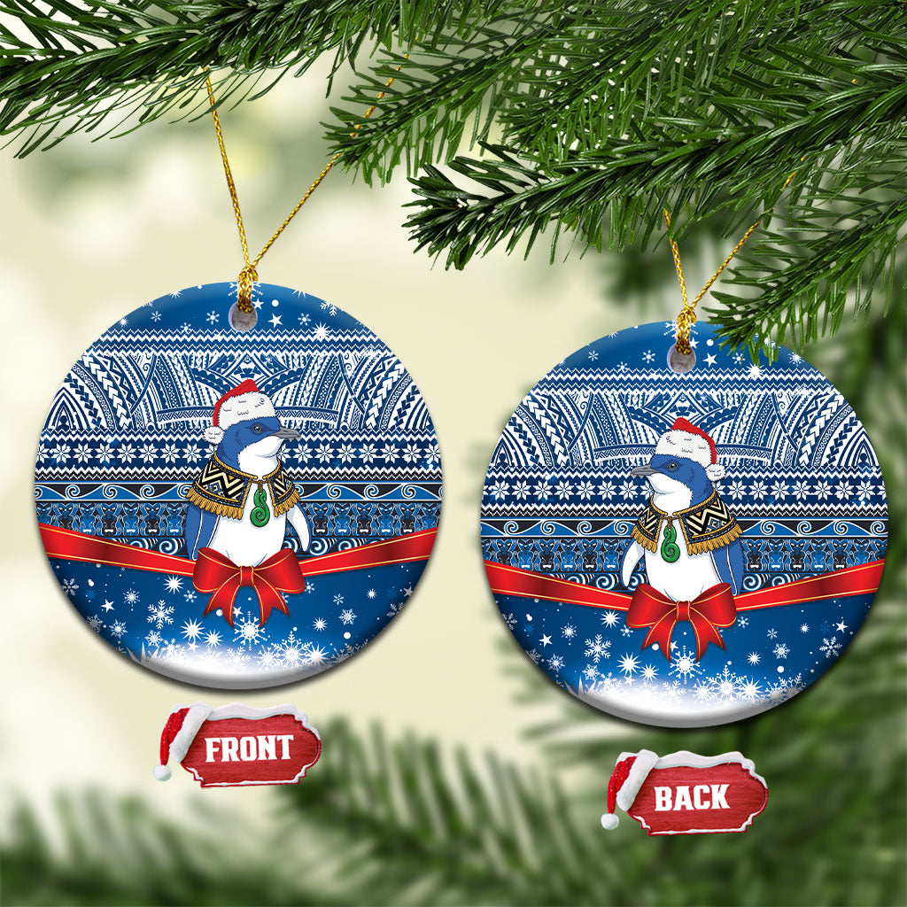 New Zealand Fairy Penguin Korora Christmas Ceramic Ornament Maori Inspired Knitted Patterns LT9 Circle Blue - Polynesian Pride