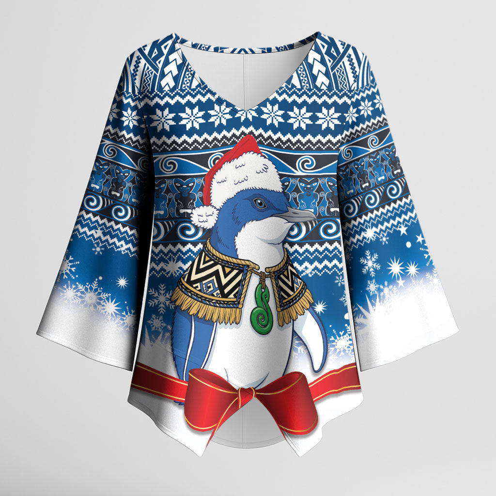 New Zealand Fairy Penguin Korora Christmas Kimono Sleeve Blouse Maori Inspired Knitted Patterns LT9 Female Blue - Polynesian Pride