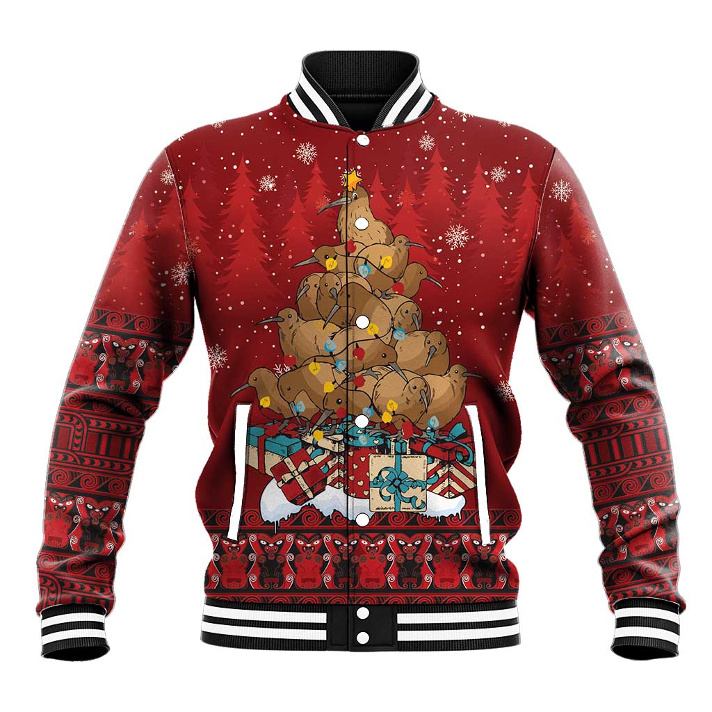 Funny Kiwi Bird Xmas Tree Baseball Jacket New Zealand Tribal Christmas Spirit - Polynesian Pride