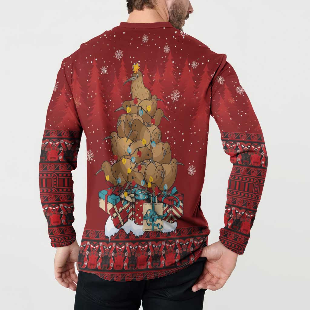 Funny Kiwi Bird Xmas Tree Button Sweatshirt New Zealand Tribal Christmas Spirit - Polynesian Pride