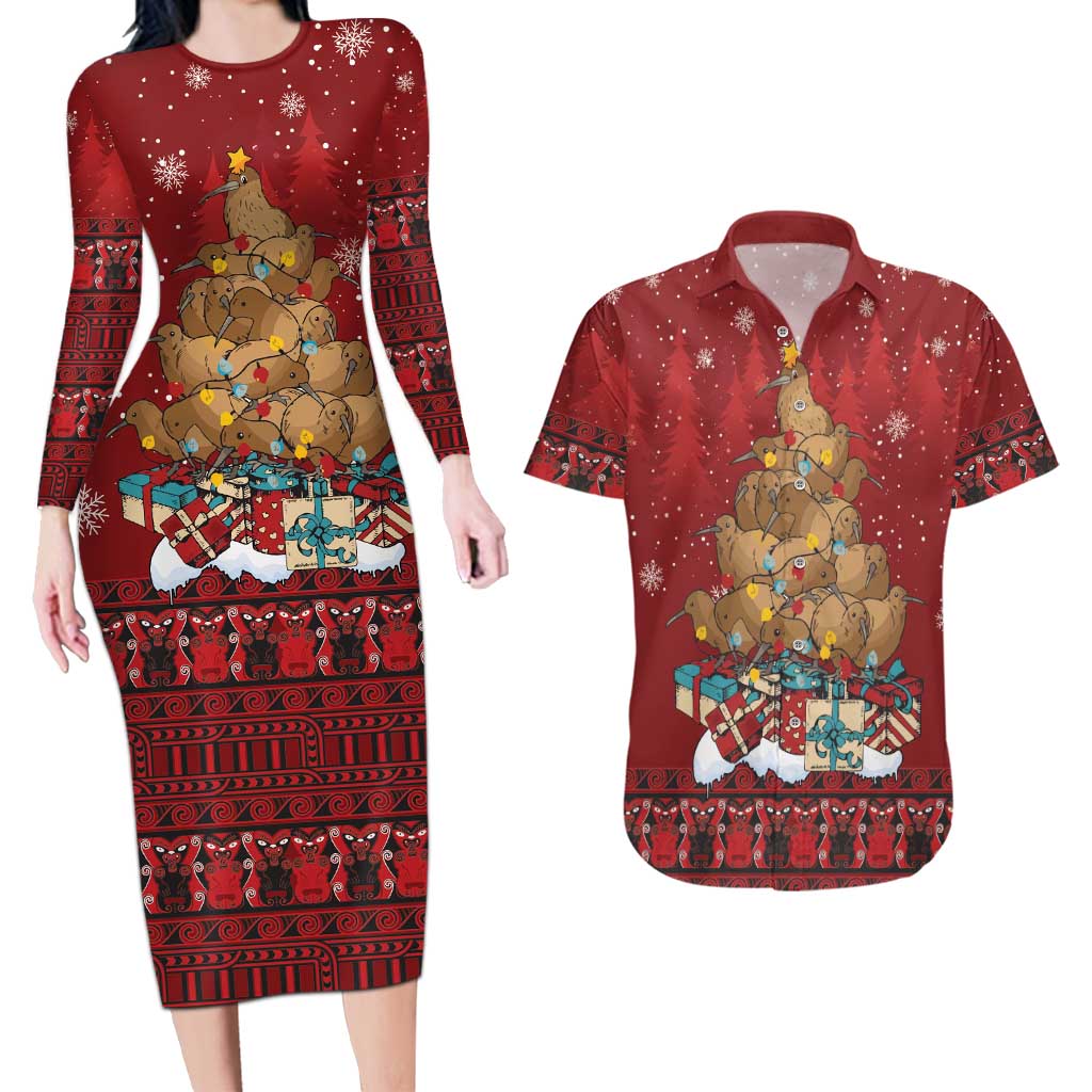 Funny Kiwi Bird Xmas Tree Couples Matching Long Sleeve Bodycon Dress and Hawaiian Shirt New Zealand Tribal Christmas Spirit - Polynesian Pride