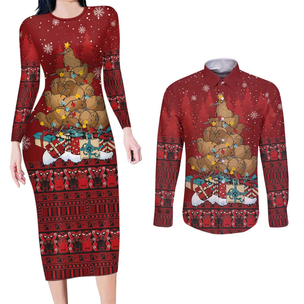 Funny Kiwi Bird Xmas Tree Couples Matching Long Sleeve Bodycon Dress and Long Sleeve Button Shirt New Zealand Tribal Christmas Spirit LT9 Red - Polynesian Pride
