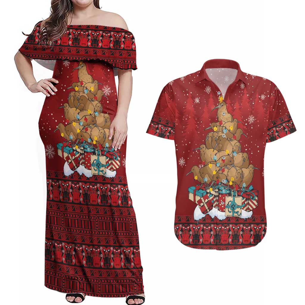 Funny Kiwi Bird Xmas Tree Couples Matching Off Shoulder Maxi Dress and Hawaiian Shirt New Zealand Tribal Christmas Spirit LT9 Red - Polynesian Pride
