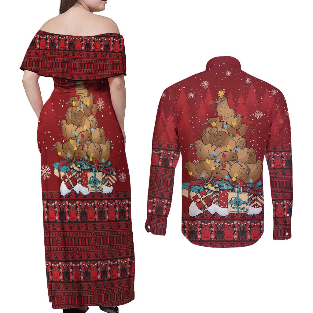 Funny Kiwi Bird Xmas Tree Couples Matching Off Shoulder Maxi Dress and Long Sleeve Button Shirt New Zealand Tribal Christmas Spirit LT9 - Polynesian Pride