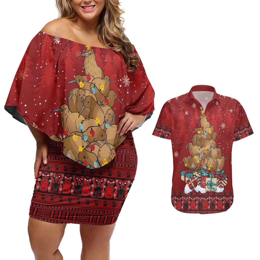 Funny Kiwi Bird Xmas Tree Couples Matching Off Shoulder Short Dress and Hawaiian Shirt New Zealand Tribal Christmas Spirit - Polynesian Pride
