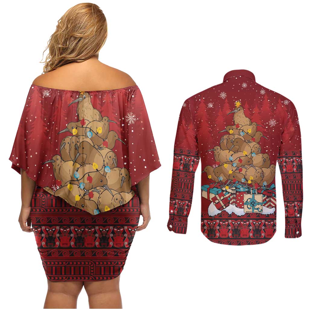 Funny Kiwi Bird Xmas Tree Couples Matching Off Shoulder Short Dress and Long Sleeve Button Shirt New Zealand Tribal Christmas Spirit LT9 - Polynesian Pride