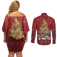 Funny Kiwi Bird Xmas Tree Couples Matching Off Shoulder Short Dress and Long Sleeve Button Shirt New Zealand Tribal Christmas Spirit LT9 - Polynesian Pride