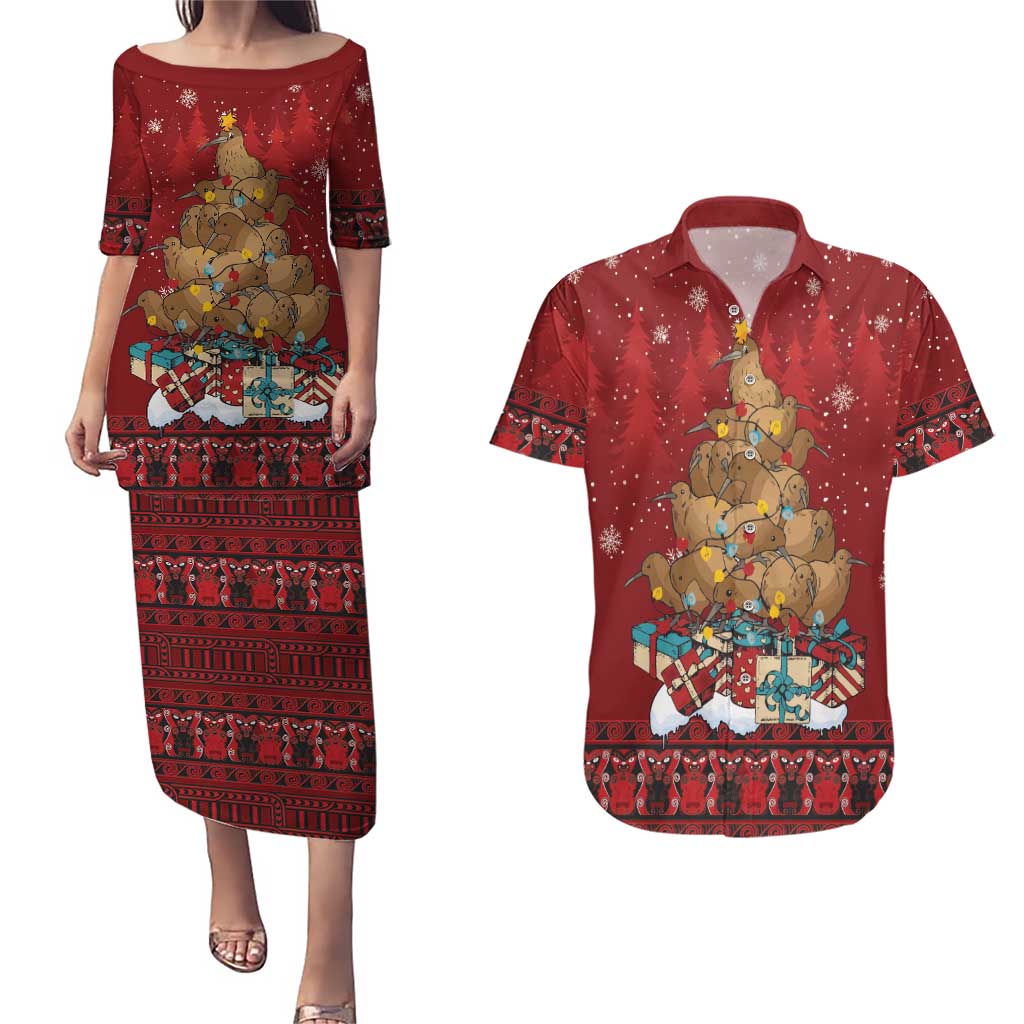 Funny Kiwi Bird Xmas Tree Couples Matching Puletasi and Hawaiian Shirt New Zealand Tribal Christmas Spirit LT9 Red - Polynesian Pride