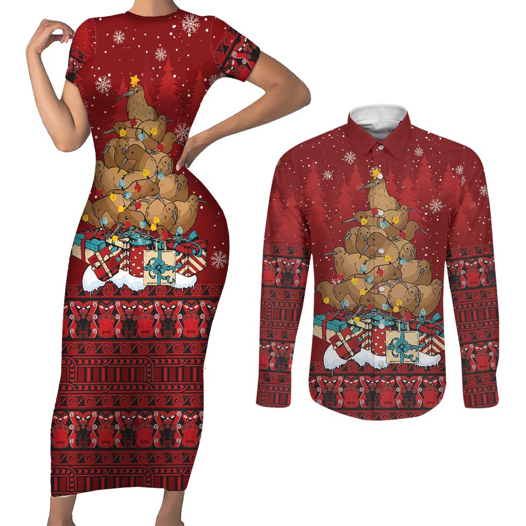 Funny Kiwi Bird Xmas Tree Couples Matching Short Sleeve Bodycon Dress and Long Sleeve Button Shirt New Zealand Tribal Christmas Spirit LT9 Red - Polynesian Pride