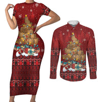 Funny Kiwi Bird Xmas Tree Couples Matching Short Sleeve Bodycon Dress and Long Sleeve Button Shirt New Zealand Tribal Christmas Spirit LT9 Red - Polynesian Pride