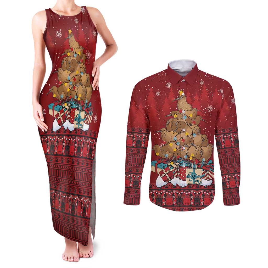 Funny Kiwi Bird Xmas Tree Couples Matching Tank Maxi Dress and Long Sleeve Button Shirt New Zealand Tribal Christmas Spirit LT9 Red - Polynesian Pride
