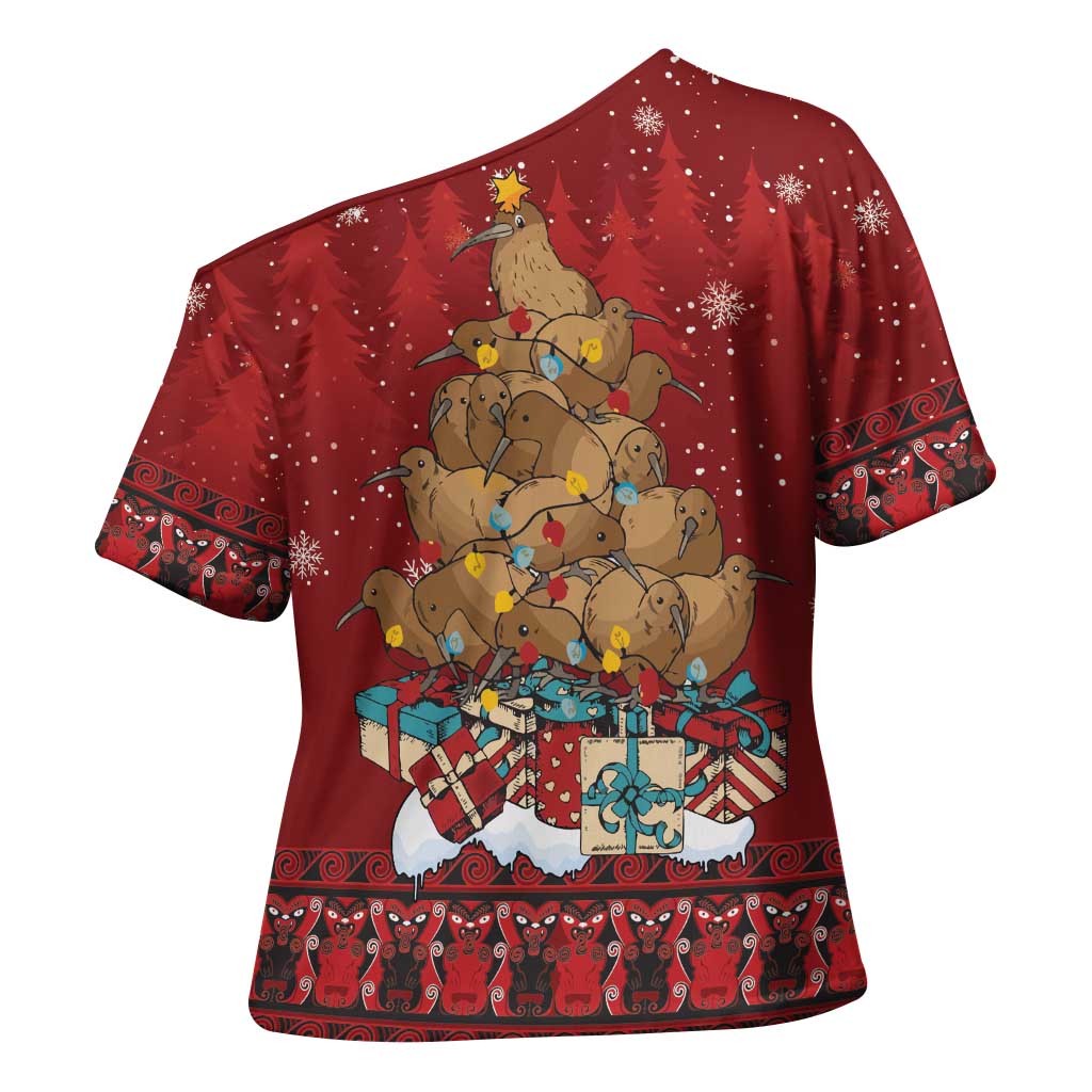 Funny Kiwi Bird Xmas Tree Cross Shoulder Shirt New Zealand Tribal Christmas Spirit LT9 - Polynesian Pride