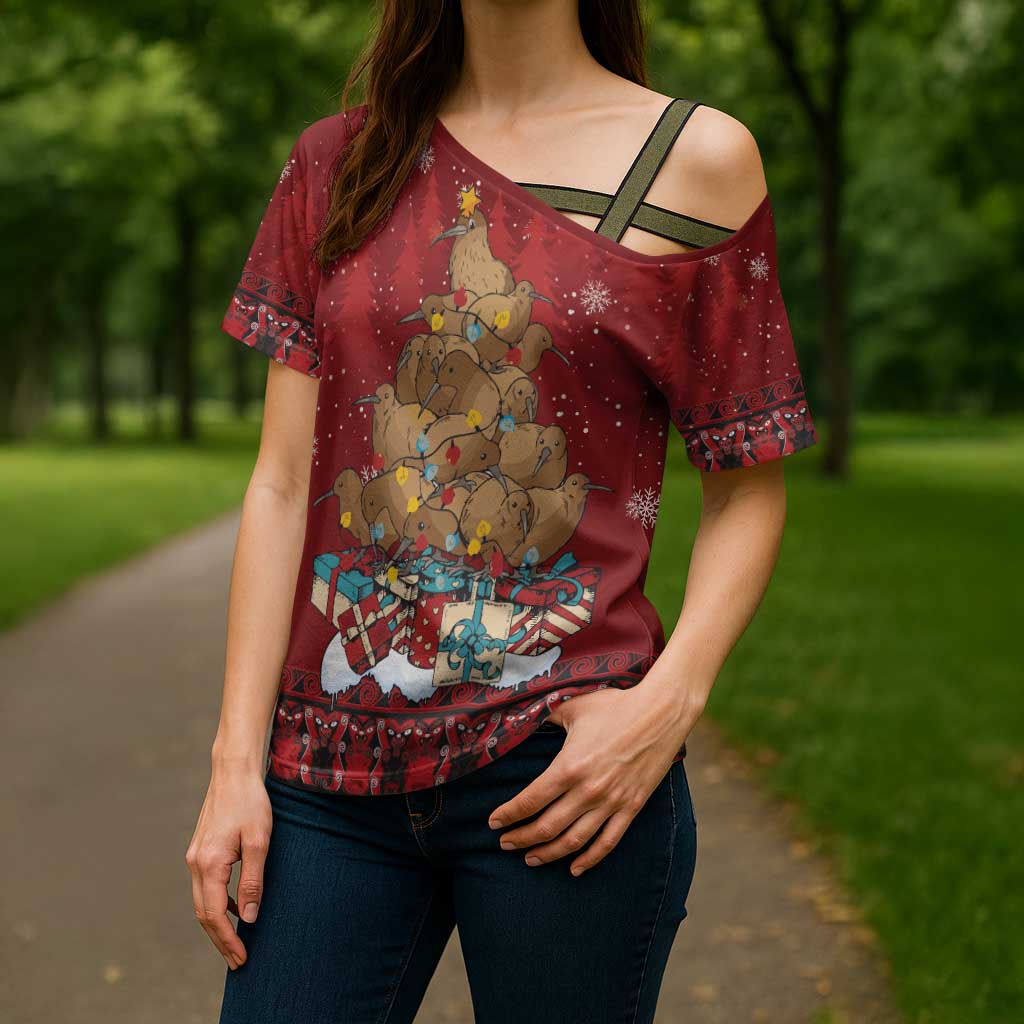 Funny Kiwi Bird Xmas Tree Cross Shoulder Shirt New Zealand Tribal Christmas Spirit LT9 - Polynesian Pride