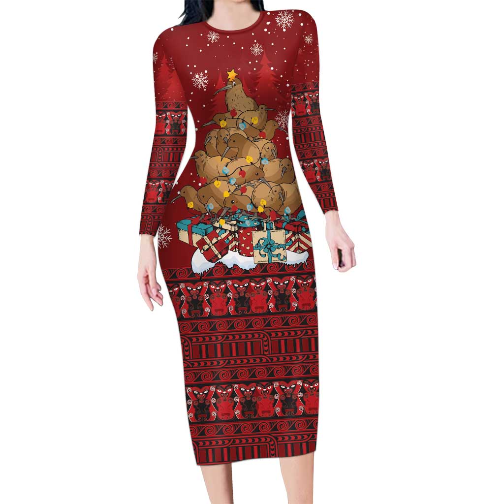Funny Kiwi Bird Xmas Tree Family Matching Long Sleeve Bodycon Dress and Hawaiian Shirt New Zealand Tribal Christmas Spirit LT9 Mom's Dress Red - Polynesian Pride