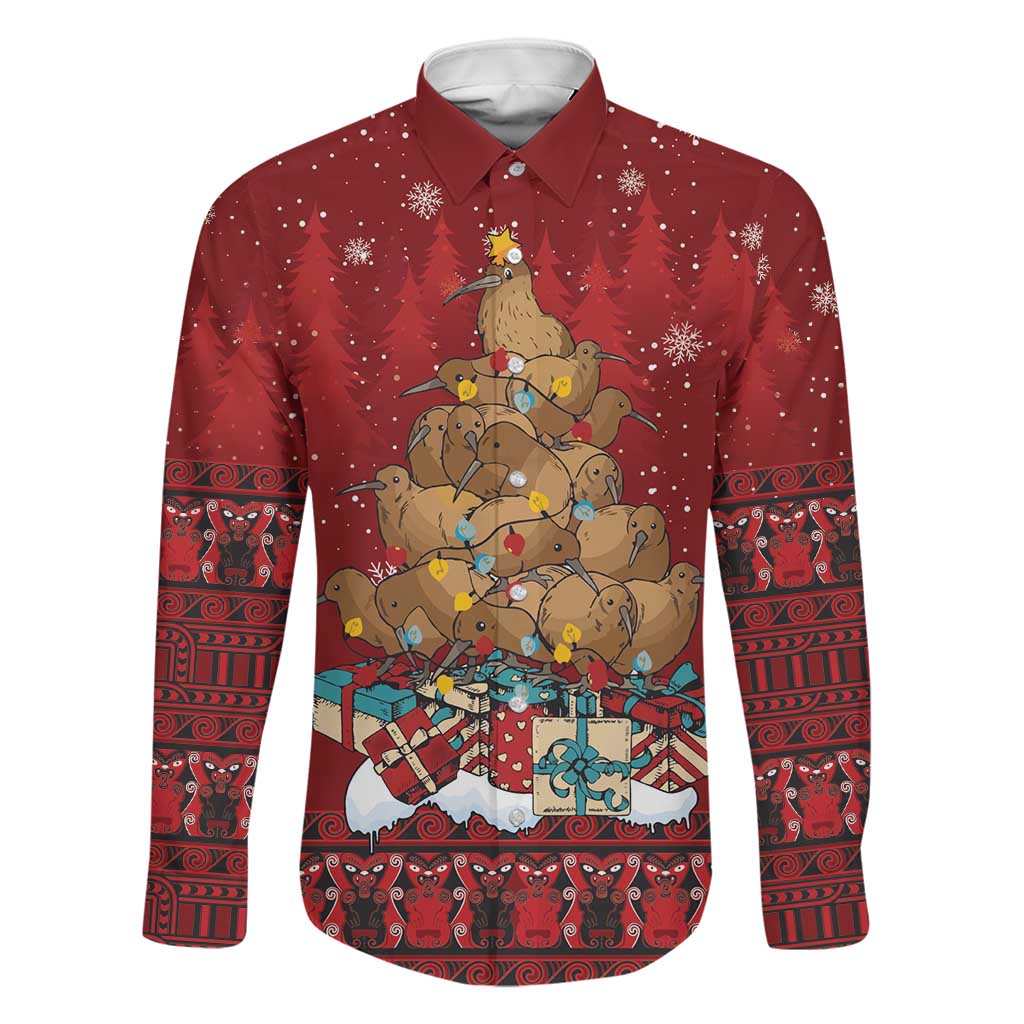 Funny Kiwi Bird Xmas Tree Family Matching Off Shoulder Short Dress and Hawaiian Shirt New Zealand Tribal Christmas Spirit LT9 Dad's Shirt - Long Sleeve Red - Polynesian Pride