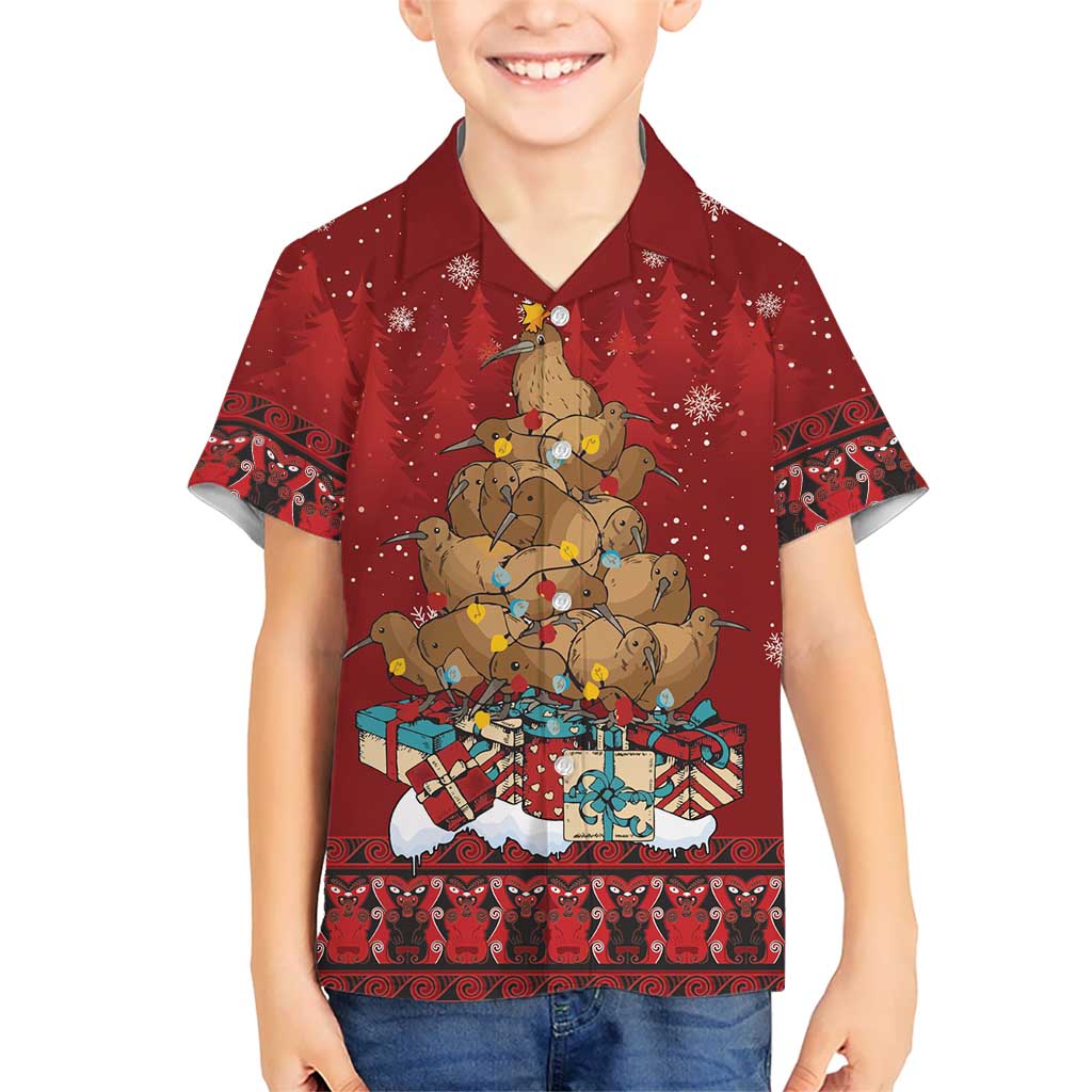 Funny Kiwi Bird Xmas Tree Family Matching Off Shoulder Short Dress and Hawaiian Shirt New Zealand Tribal Christmas Spirit LT9 Son's Shirt Red - Polynesian Pride