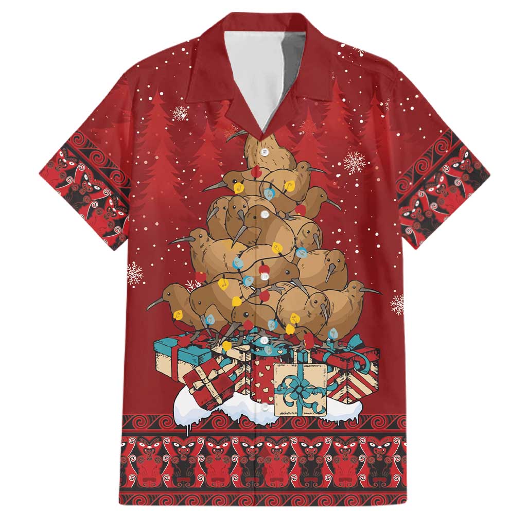 Funny Kiwi Bird Xmas Tree Family Matching Puletasi and Hawaiian Shirt New Zealand Tribal Christmas Spirit LT9 Dad's Shirt - Short Sleeve Red - Polynesian Pride