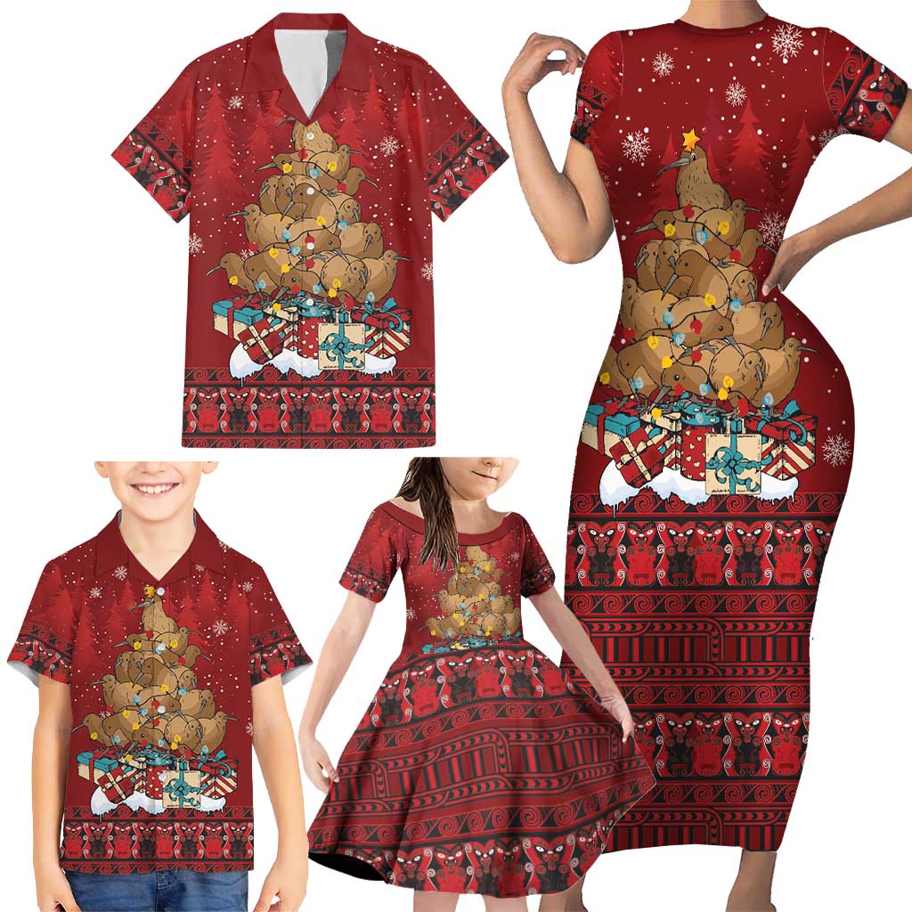 Funny Kiwi Bird Xmas Tree Family Matching Short Sleeve Bodycon Dress and Hawaiian Shirt New Zealand Tribal Christmas Spirit - Polynesian Pride
