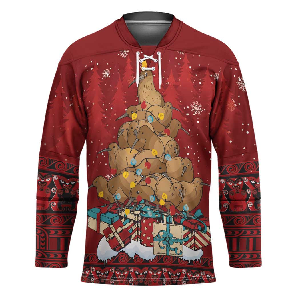 Funny Kiwi Bird Xmas Tree Hockey Jersey New Zealand Tribal Christmas Spirit LT9 Unisex Red - Polynesian Pride