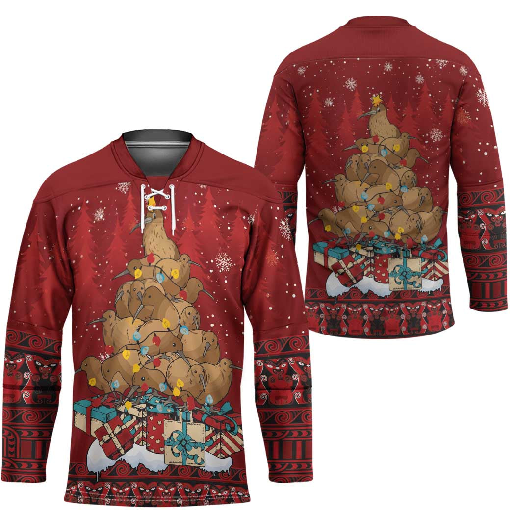 Funny Kiwi Bird Xmas Tree Hockey Jersey New Zealand Tribal Christmas Spirit LT9 - Polynesian Pride