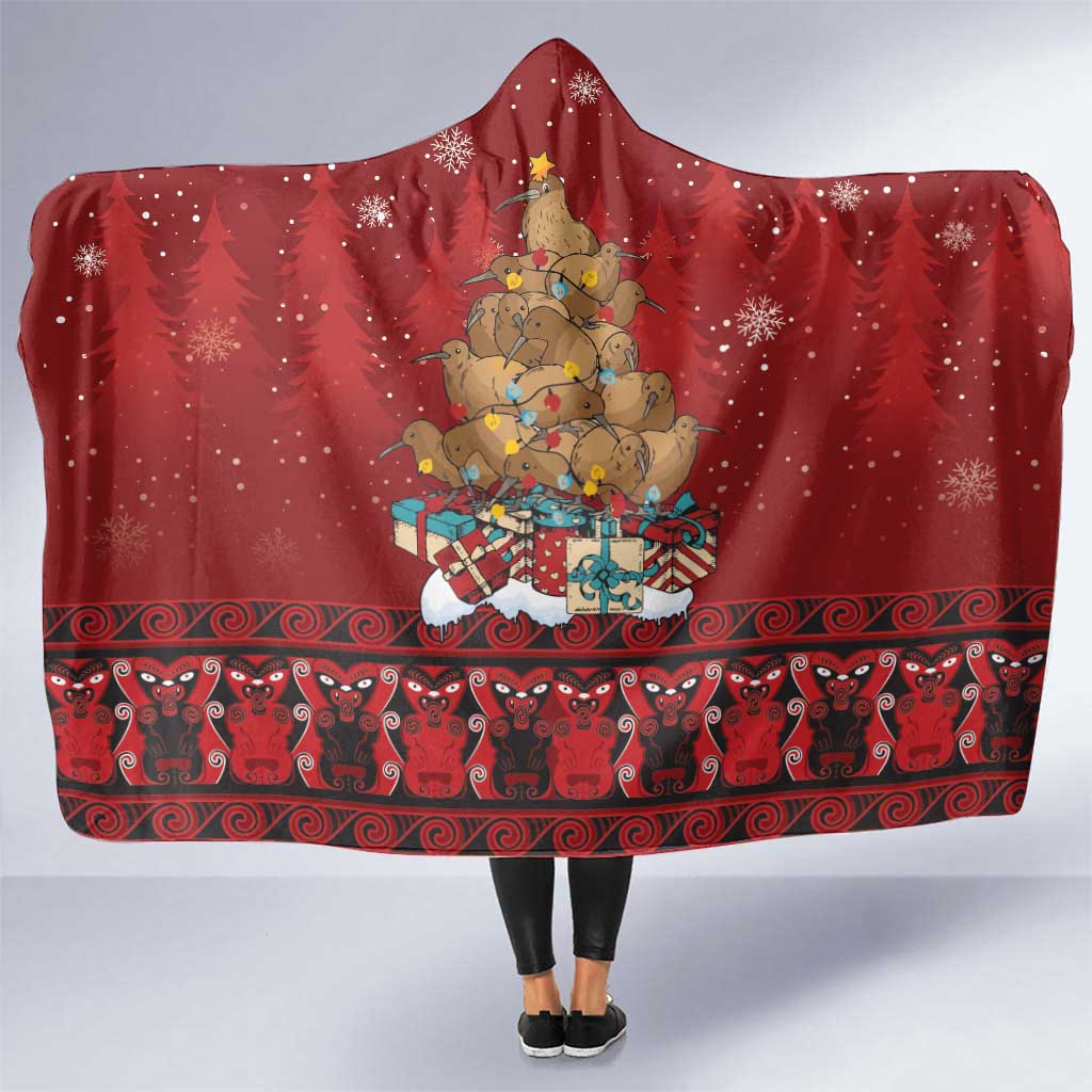Funny Kiwi Bird Xmas Tree Hooded Blanket New Zealand Tribal Christmas Spirit LT9 One Size Red - Polynesian Pride