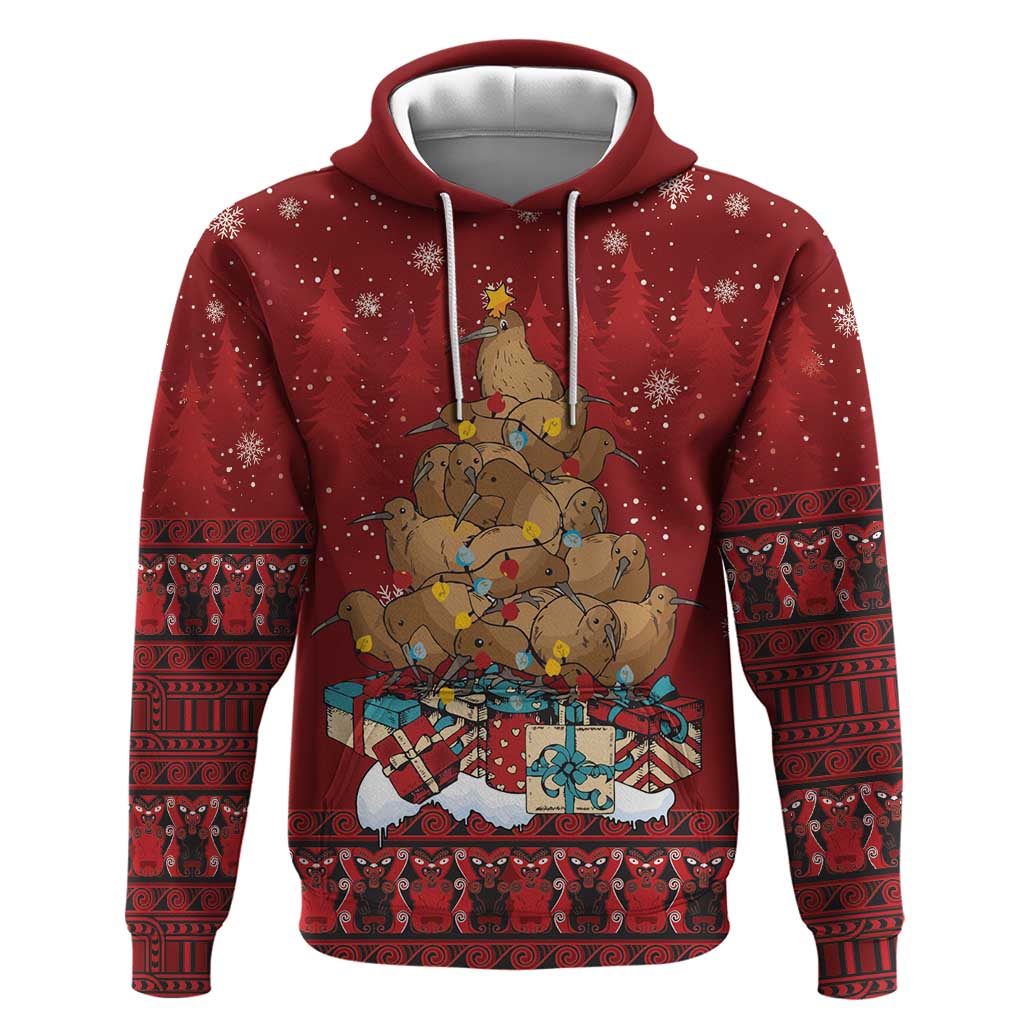 Funny Kiwi Bird Xmas Tree Hoodie New Zealand Tribal Christmas Spirit LT9 Pullover Hoodie Red - Polynesian Pride