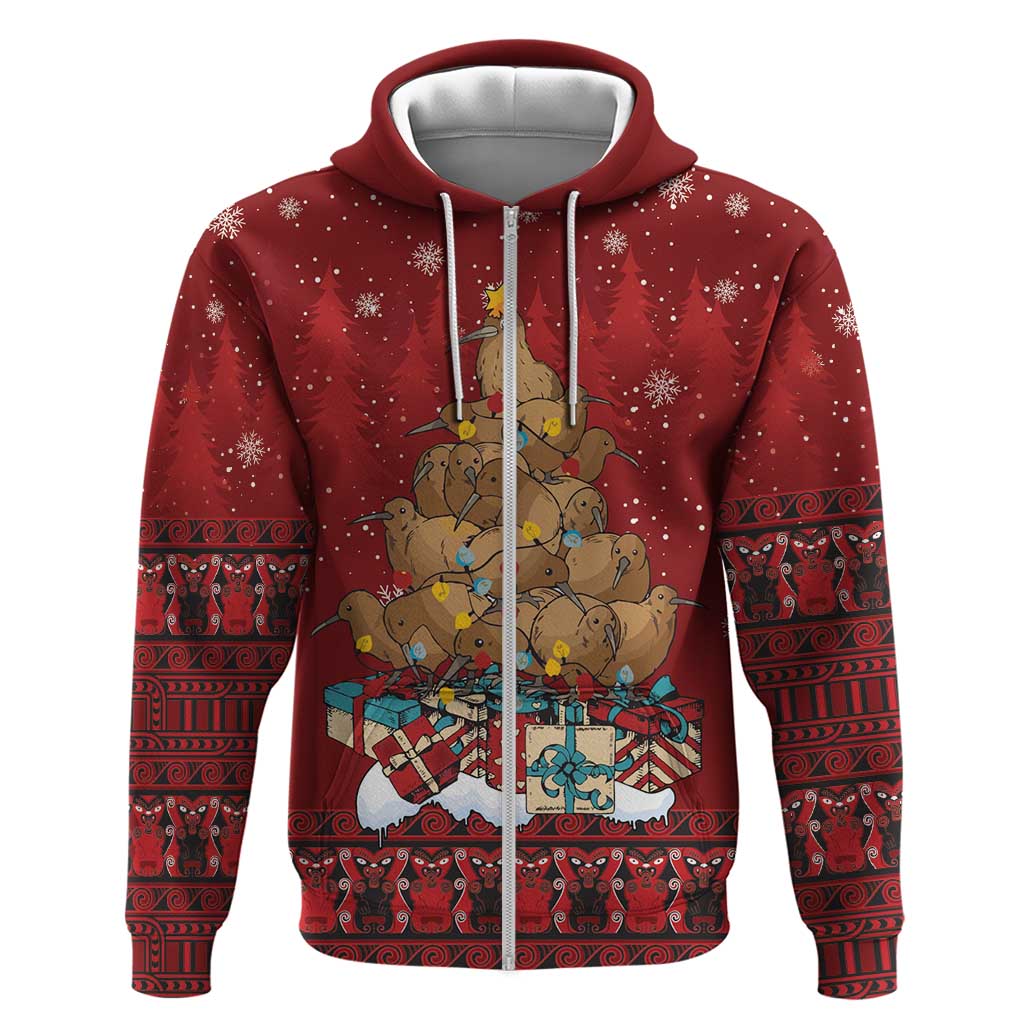 Funny Kiwi Bird Xmas Tree Hoodie New Zealand Tribal Christmas Spirit LT9 Zip Hoodie Red - Polynesian Pride