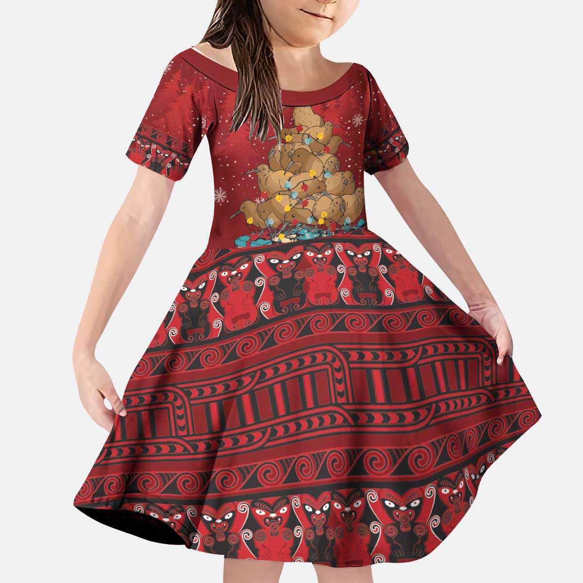 Funny Kiwi Bird Xmas Tree Kid Short Sleeve Dress New Zealand Tribal Christmas Spirit LT9 KID Red - Polynesian Pride