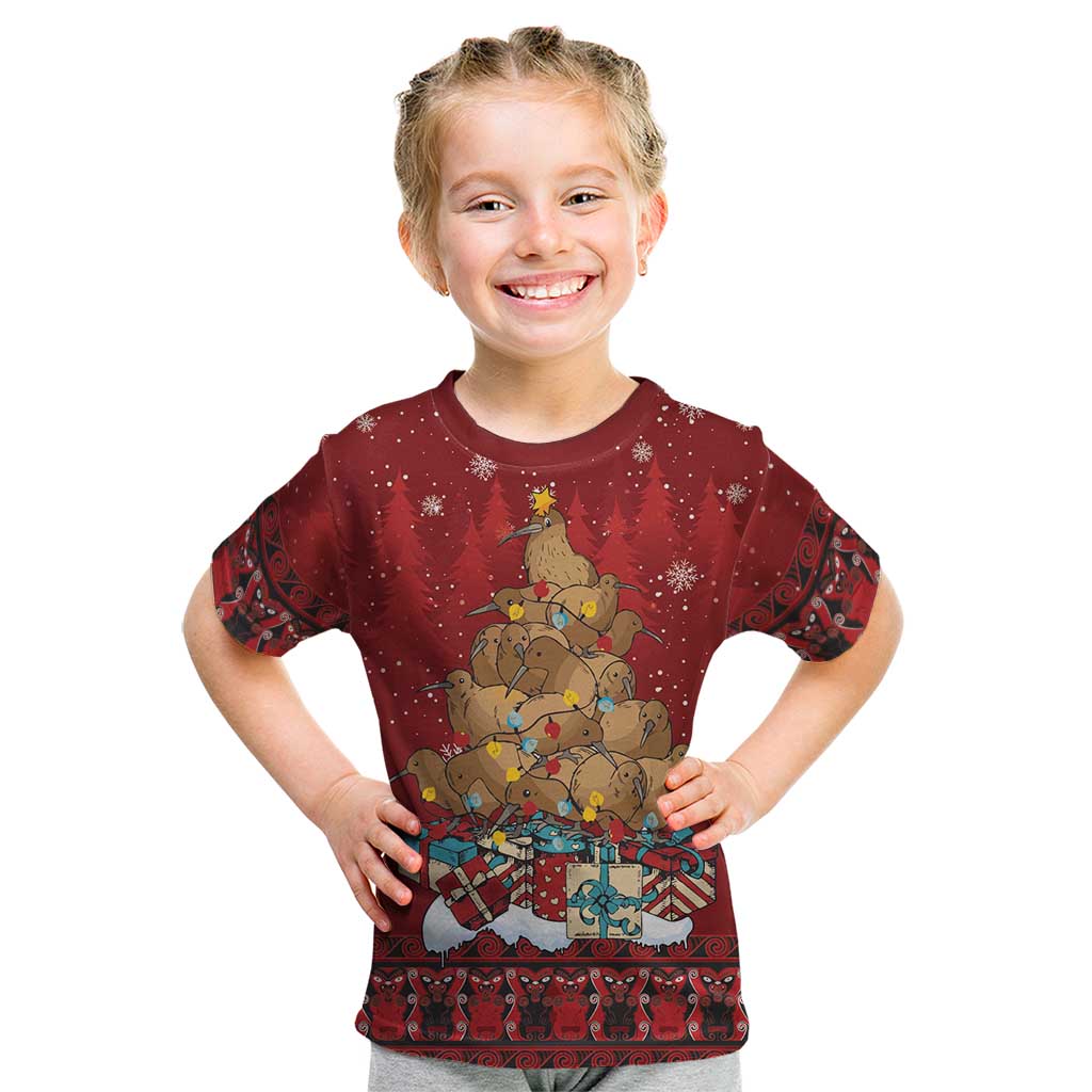Funny Kiwi Bird Xmas Tree Kid T Shirt New Zealand Tribal Christmas Spirit LT9 Red - Polynesian Pride