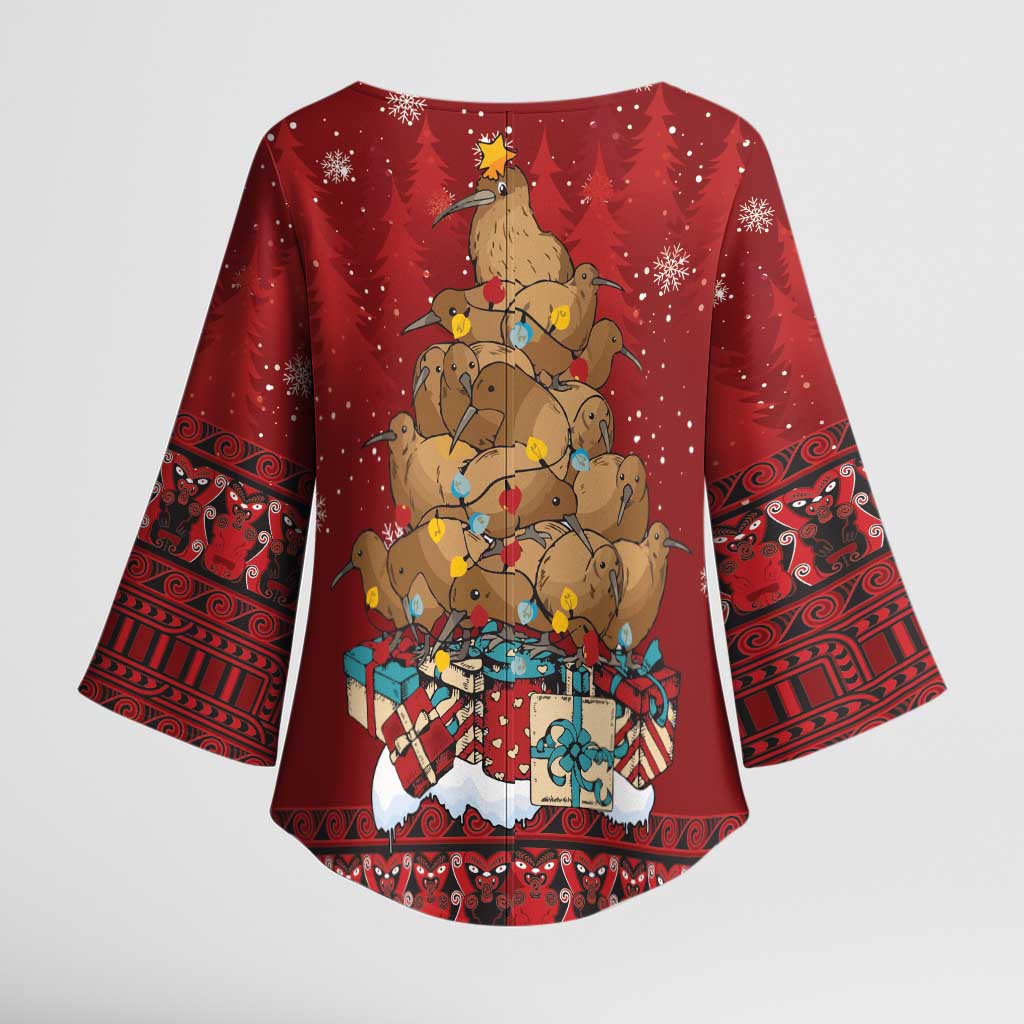 Funny Kiwi Bird Xmas Tree Kimono Sleeve Blouse New Zealand Tribal Christmas Spirit LT9 - Polynesian Pride