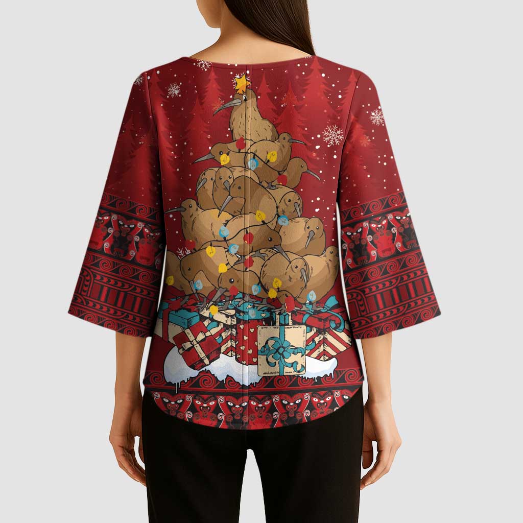 Funny Kiwi Bird Xmas Tree Kimono Sleeve Blouse New Zealand Tribal Christmas Spirit LT9 - Polynesian Pride