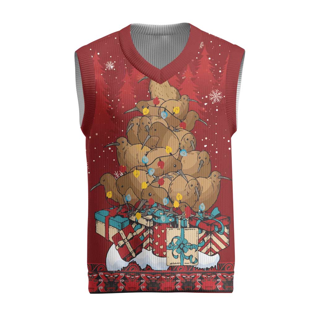 Funny Kiwi Bird Xmas Tree Christmas Knitted V-Neck Vest New Zealand Tribal Christmas Spirit LT9 Red - Polynesian Pride