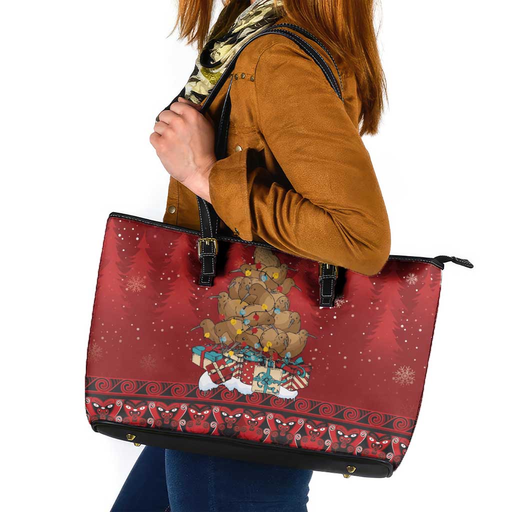 Funny Kiwi Bird Xmas Tree Leather Tote Bag New Zealand Tribal Christmas Spirit LT9 Red - Polynesian Pride